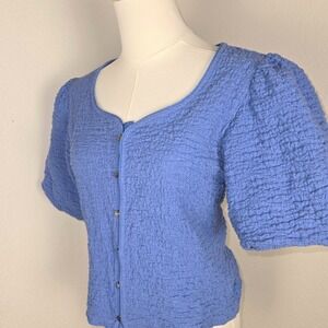 DKNY Blue Textured Knit Button Front Cropped Top Puff Sleeve Stretch M/L